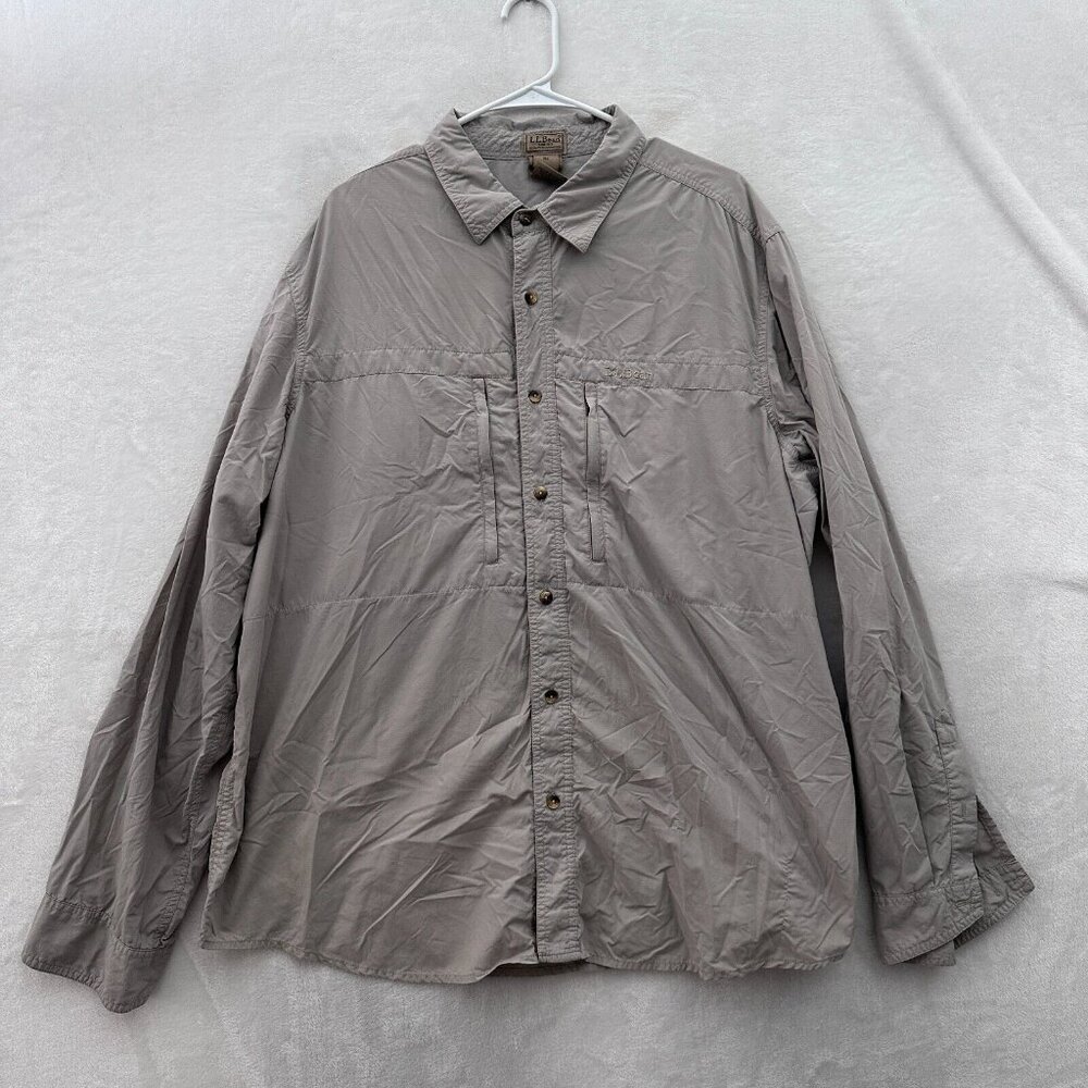 LL Bean Fishing Shirt Mens 2XL Beige Performance Outdoor Hiking Nylon Mesh Line